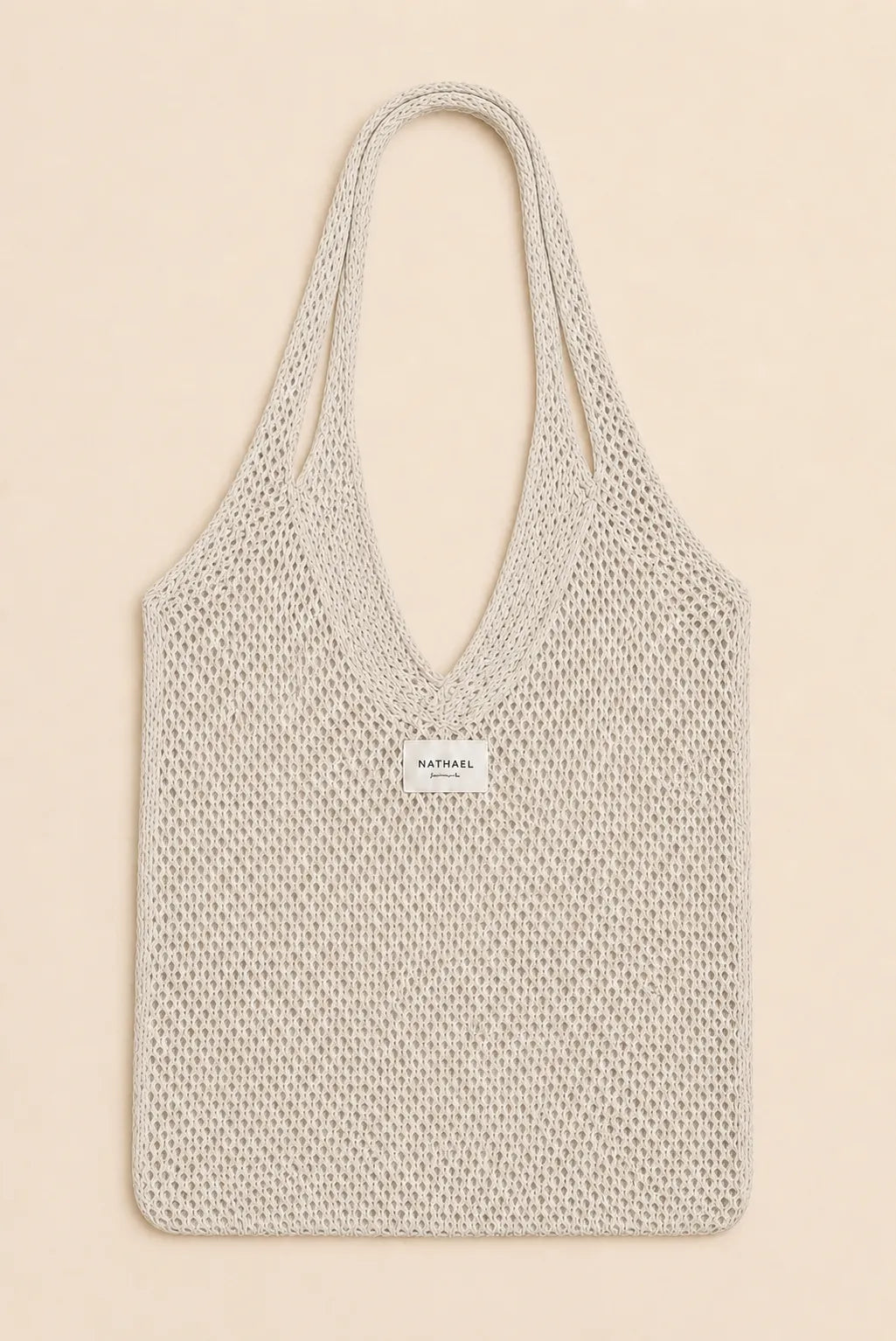 Sac Sacha écru en crochet ajouré, vue à plat, forme rectangulaire