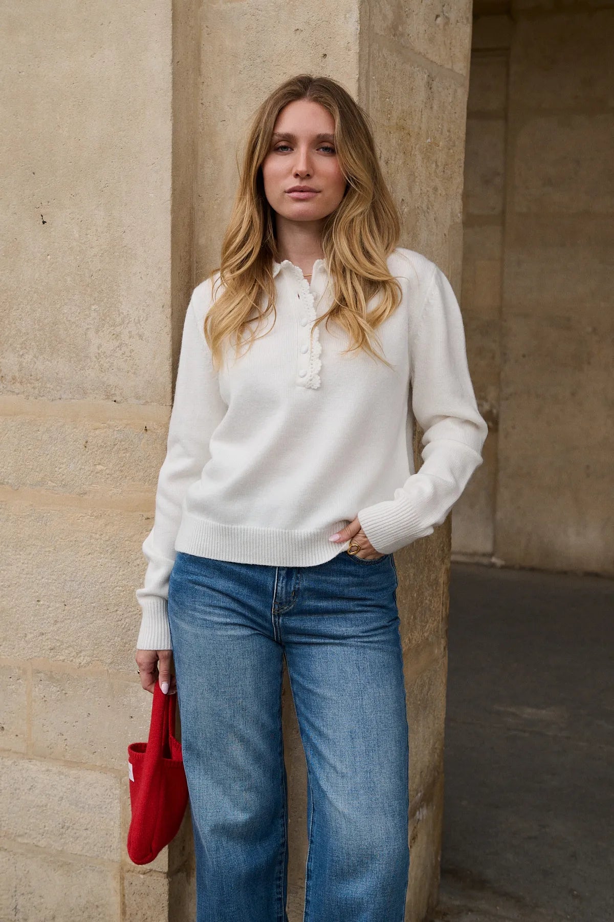 Mannequin en polo Maud crème, boutons recouverts ton sur ton