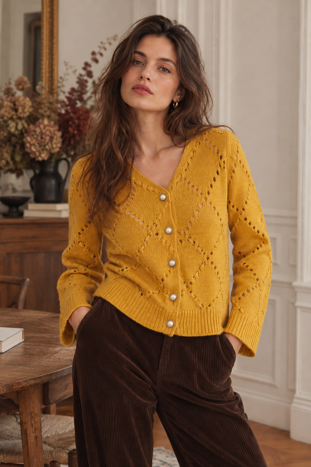 Gilet Lia Ocre – gilet laine dentelle – Nathael Paris