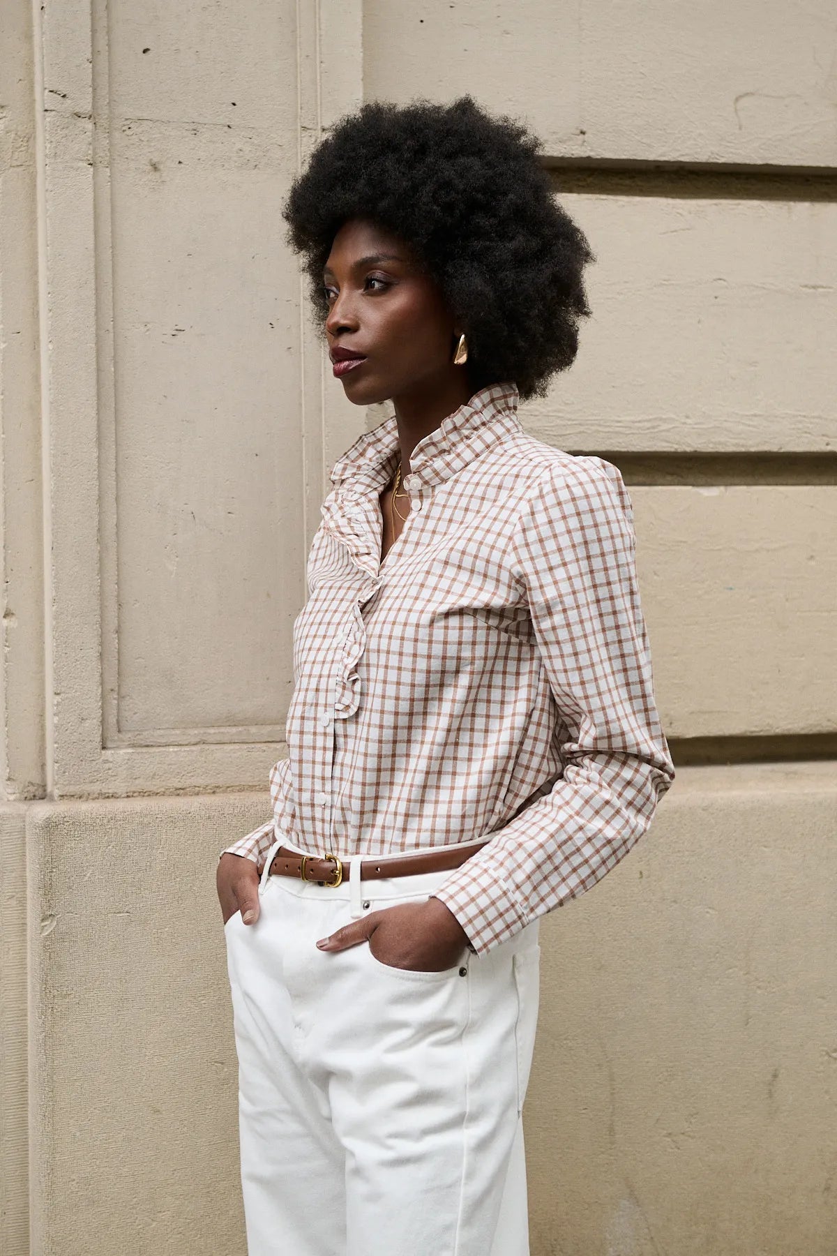 Chemise Elise carreaux écru noisette vue de profil