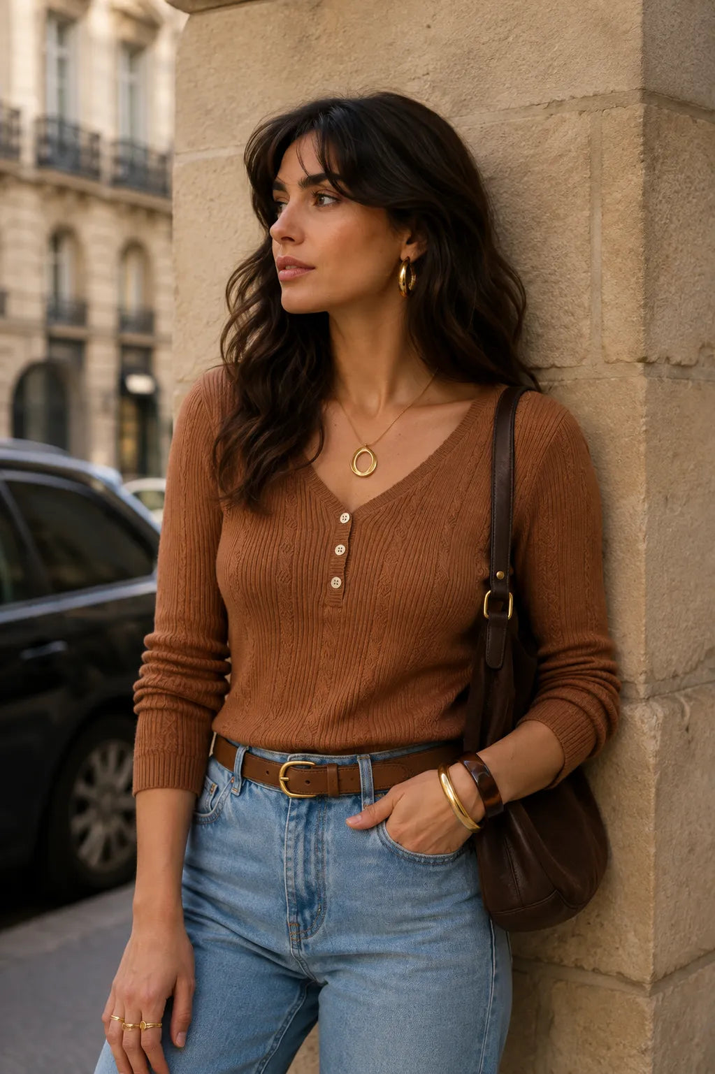 Mannequin portant le pull Victoire camel, col en V avec patte de boutonnage